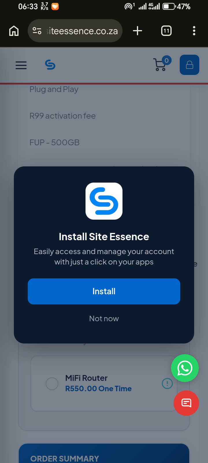 Client Area - install app