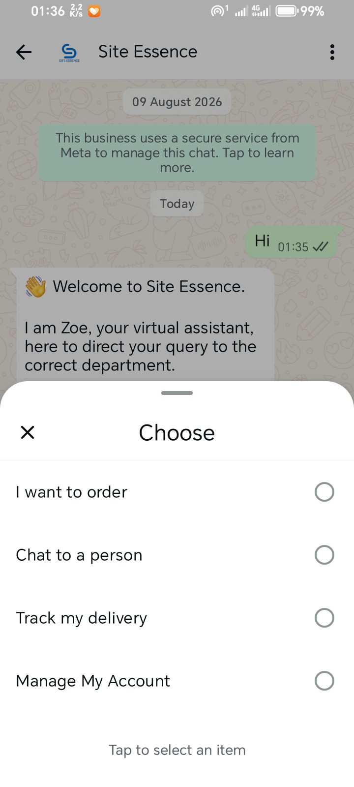 Site Essence WhatsApp self-service conversation, step 1