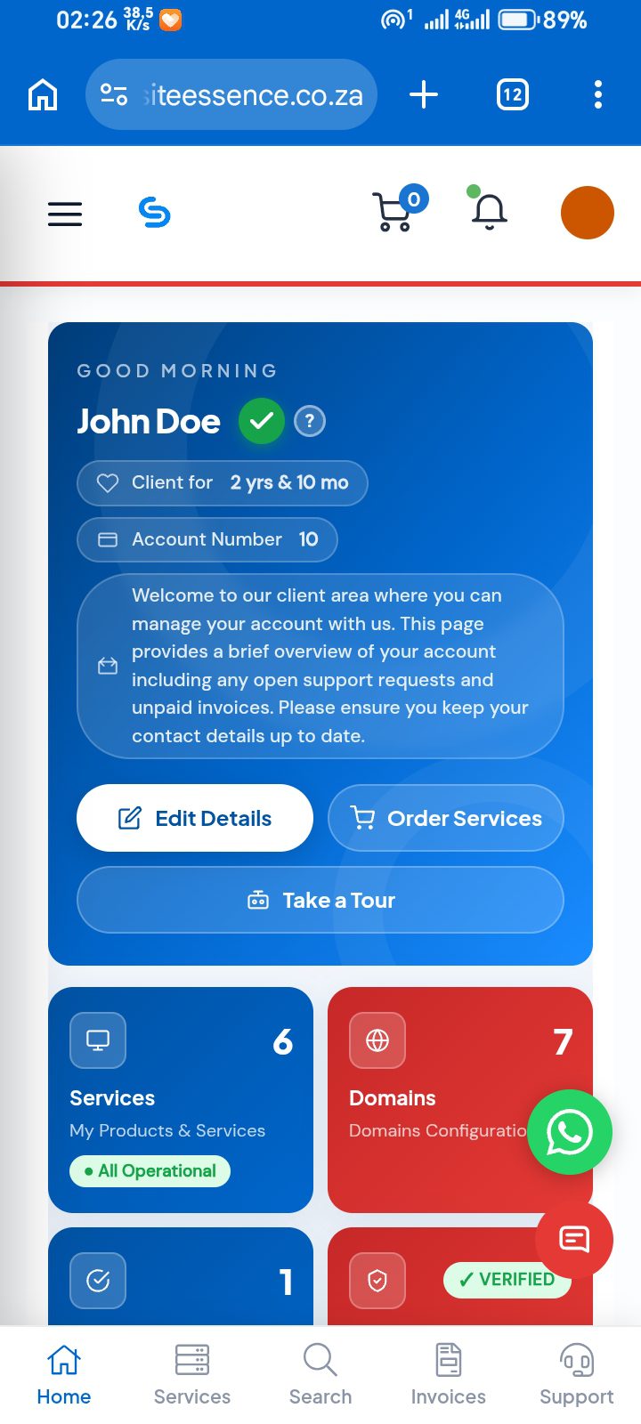 Client Area - account overview