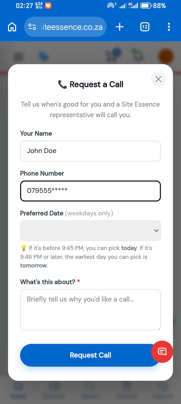 Client Area - request a call
