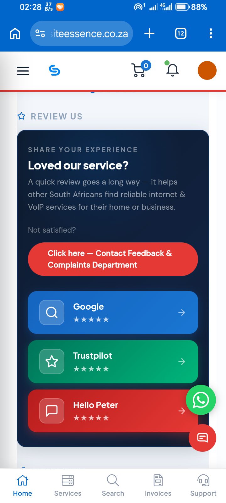Client Area - send feedback