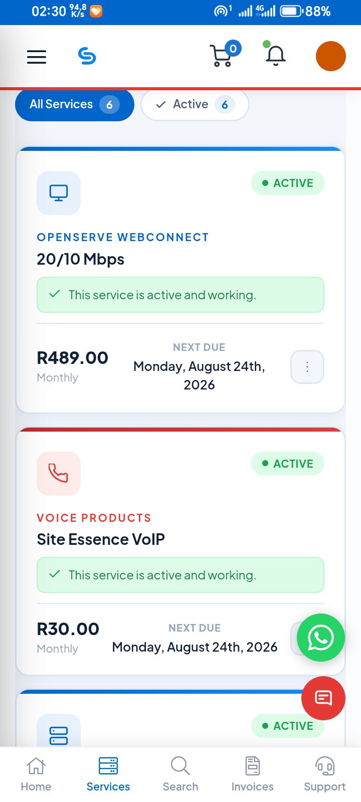 Client Area - manage services