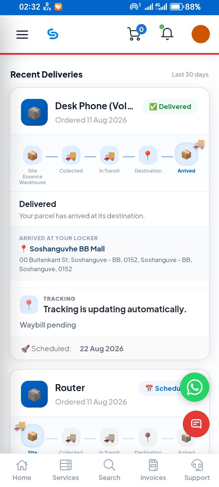 Client Area - track deliveries